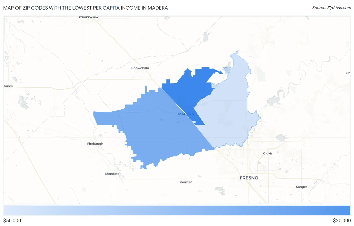 Zip Codes with the Lowest Per Capita Income in Madera Map