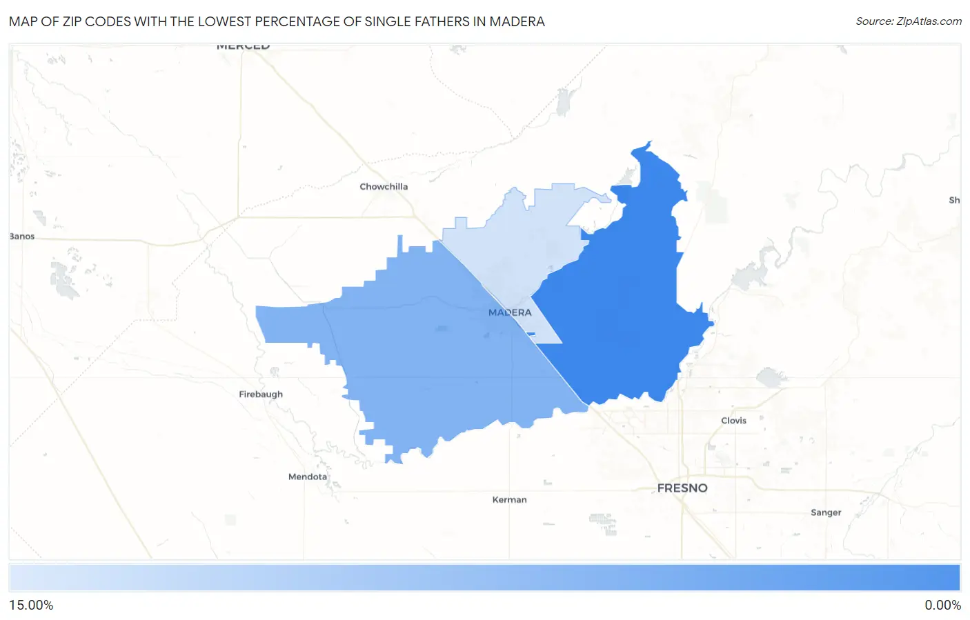 Zip Codes with the Lowest Percentage of Single Fathers in Madera Map