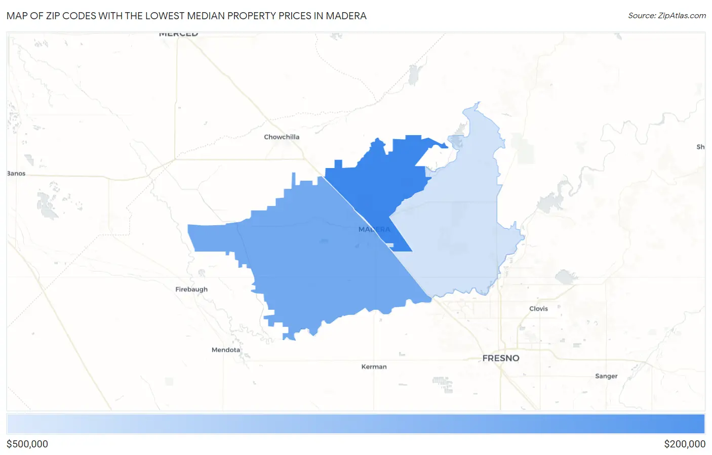 Zip Codes with the Lowest Median Property Prices in Madera Map