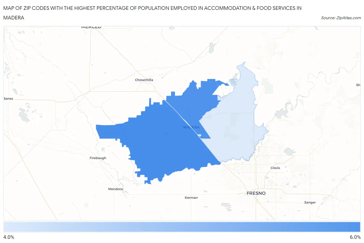 Zip Codes with the Highest Percentage of Population Employed in Accommodation & Food Services in Madera Map