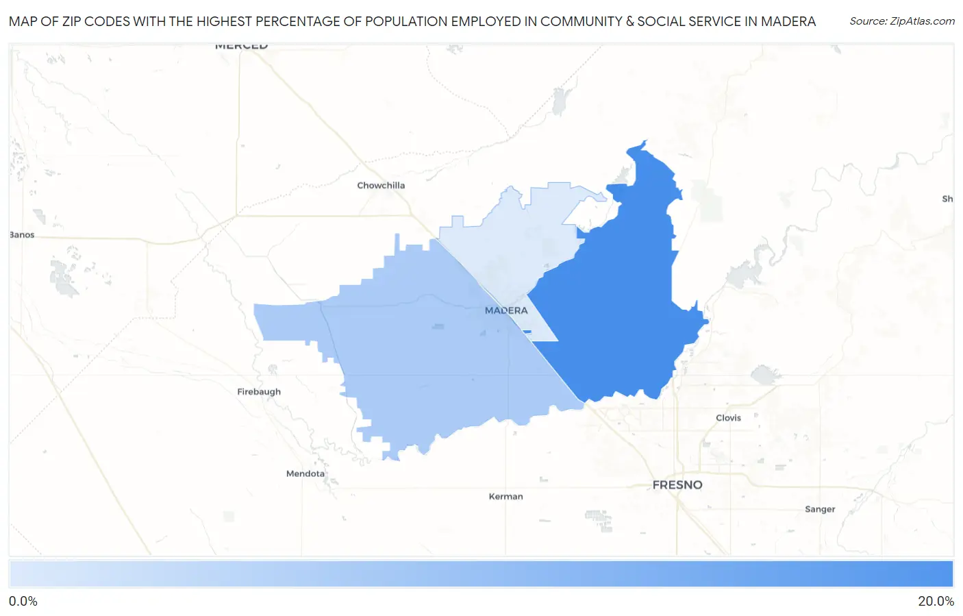 Zip Codes with the Highest Percentage of Population Employed in Community & Social Service in Madera Map