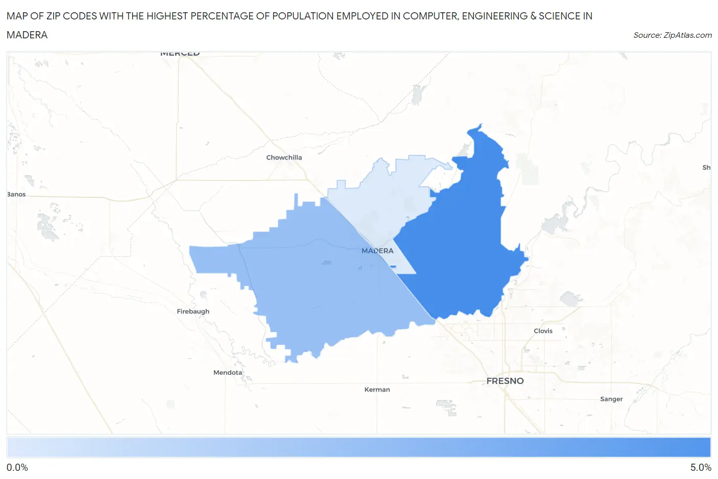Zip Codes with the Highest Percentage of Population Employed in Computer, Engineering & Science in Madera Map