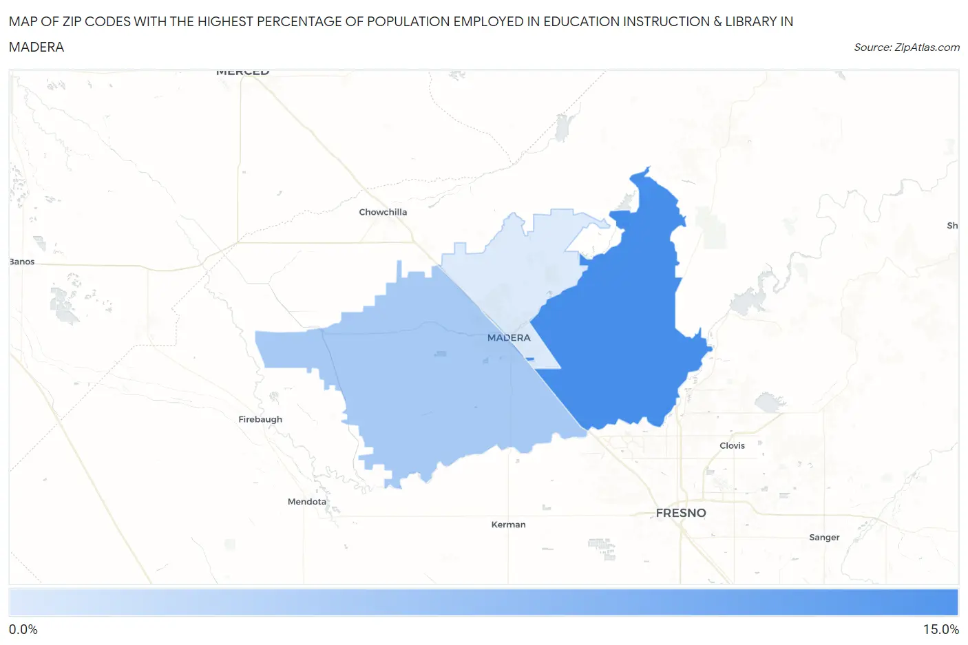 Zip Codes with the Highest Percentage of Population Employed in Education Instruction & Library in Madera Map