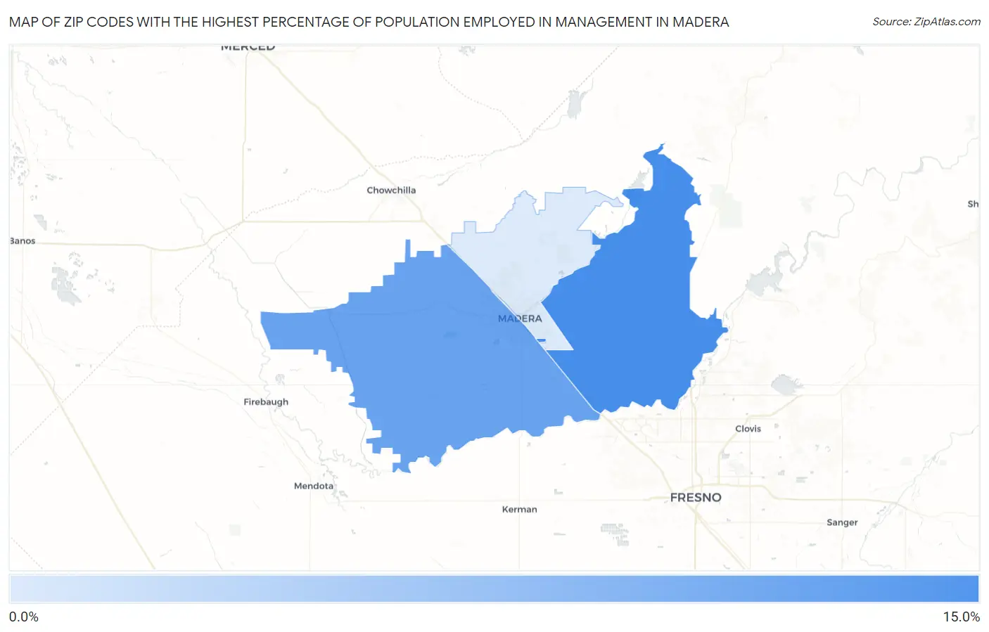 Zip Codes with the Highest Percentage of Population Employed in Management in Madera Map
