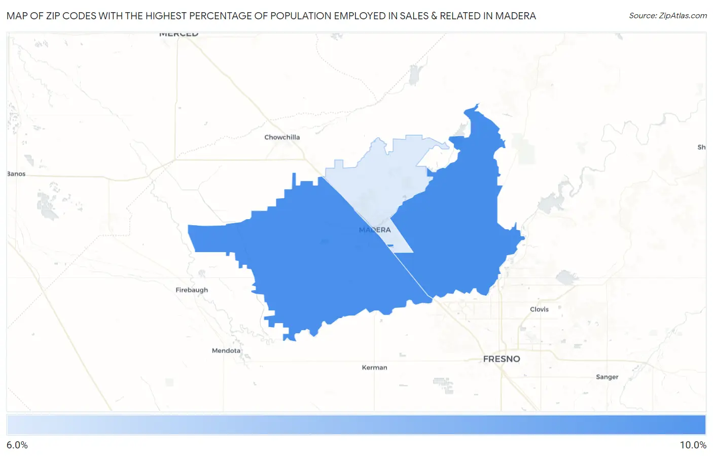 Zip Codes with the Highest Percentage of Population Employed in Sales & Related in Madera Map
