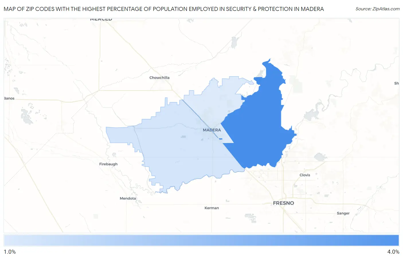 Zip Codes with the Highest Percentage of Population Employed in Security & Protection in Madera Map