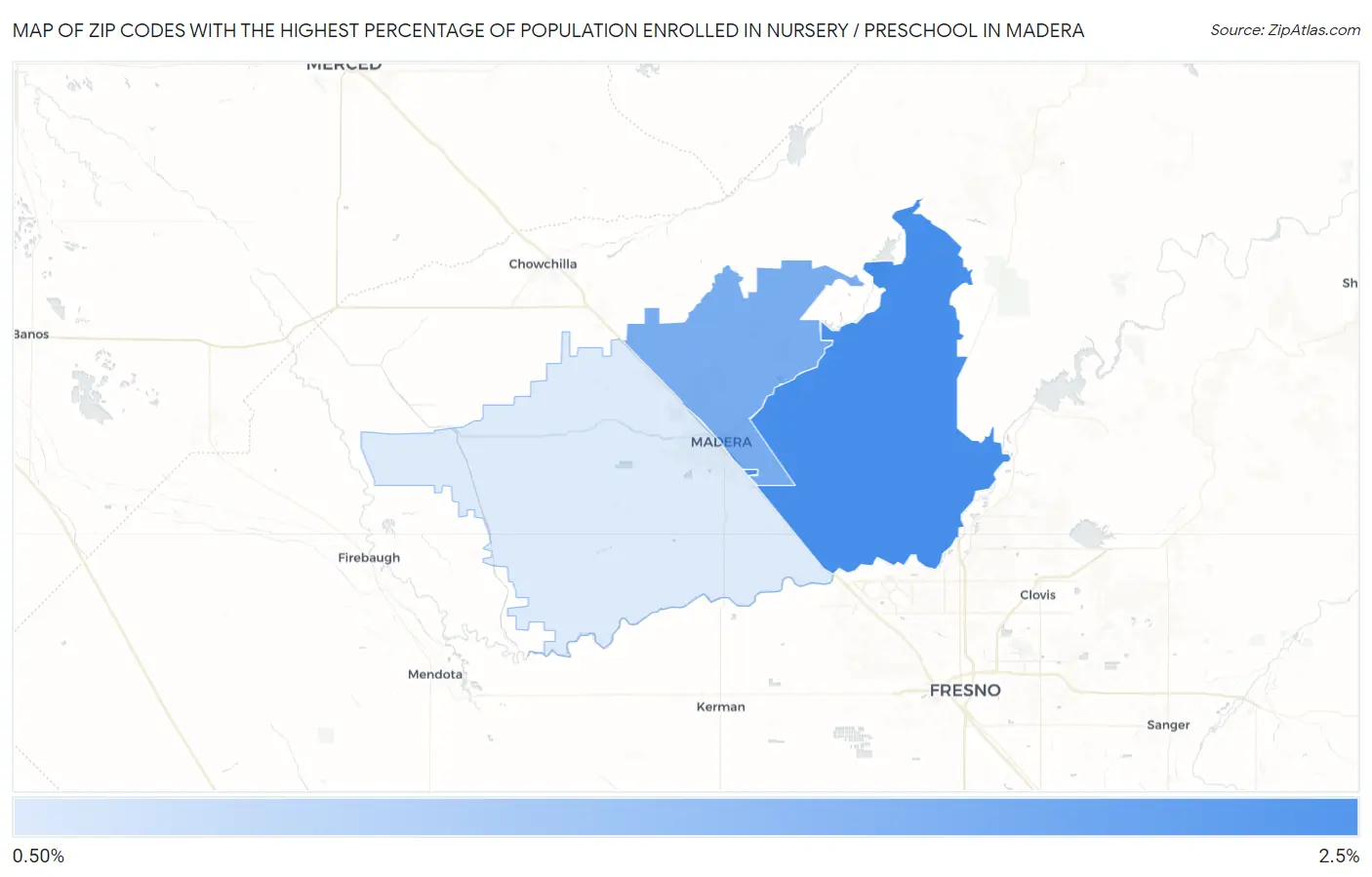 Zip Codes with the Highest Percentage of Population Enrolled in Nursery / Preschool in Madera Map