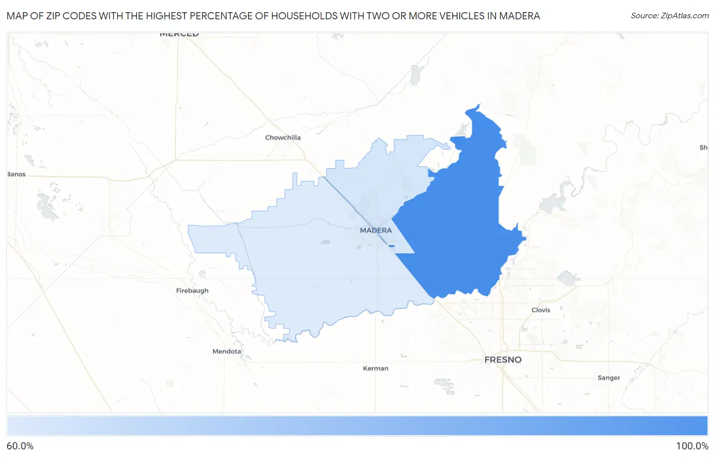 Zip Codes with the Highest Percentage of Households With Two or more Vehicles in Madera Map