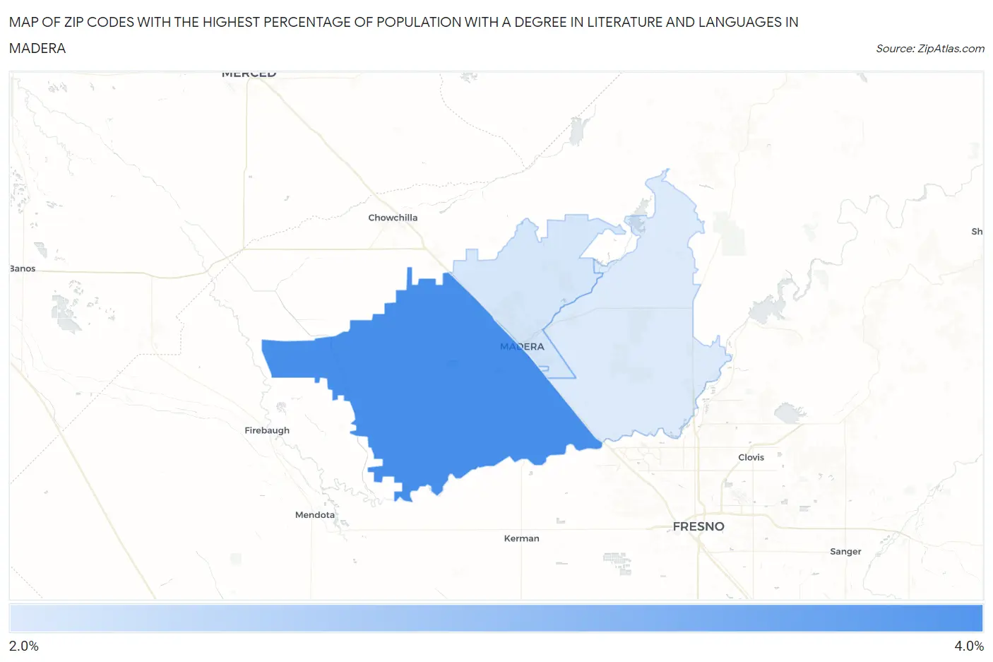 Zip Codes with the Highest Percentage of Population with a Degree in Literature and Languages in Madera Map