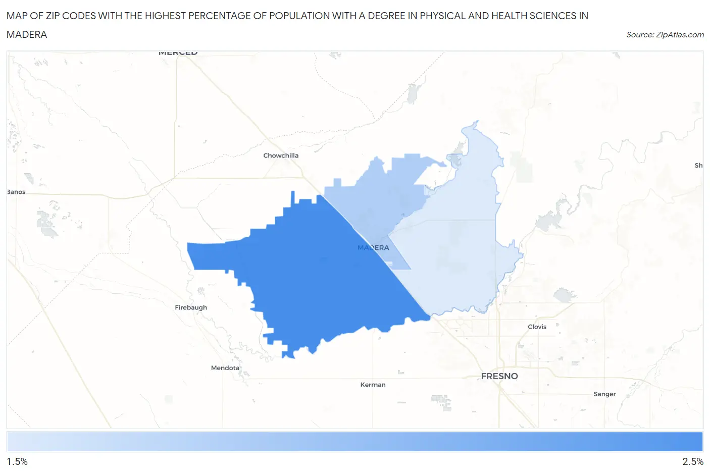 Zip Codes with the Highest Percentage of Population with a Degree in Physical and Health Sciences in Madera Map