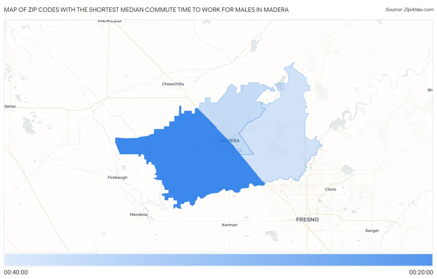 Zip Codes with the Shortest Median Commute Time to Work for Males in Madera Map