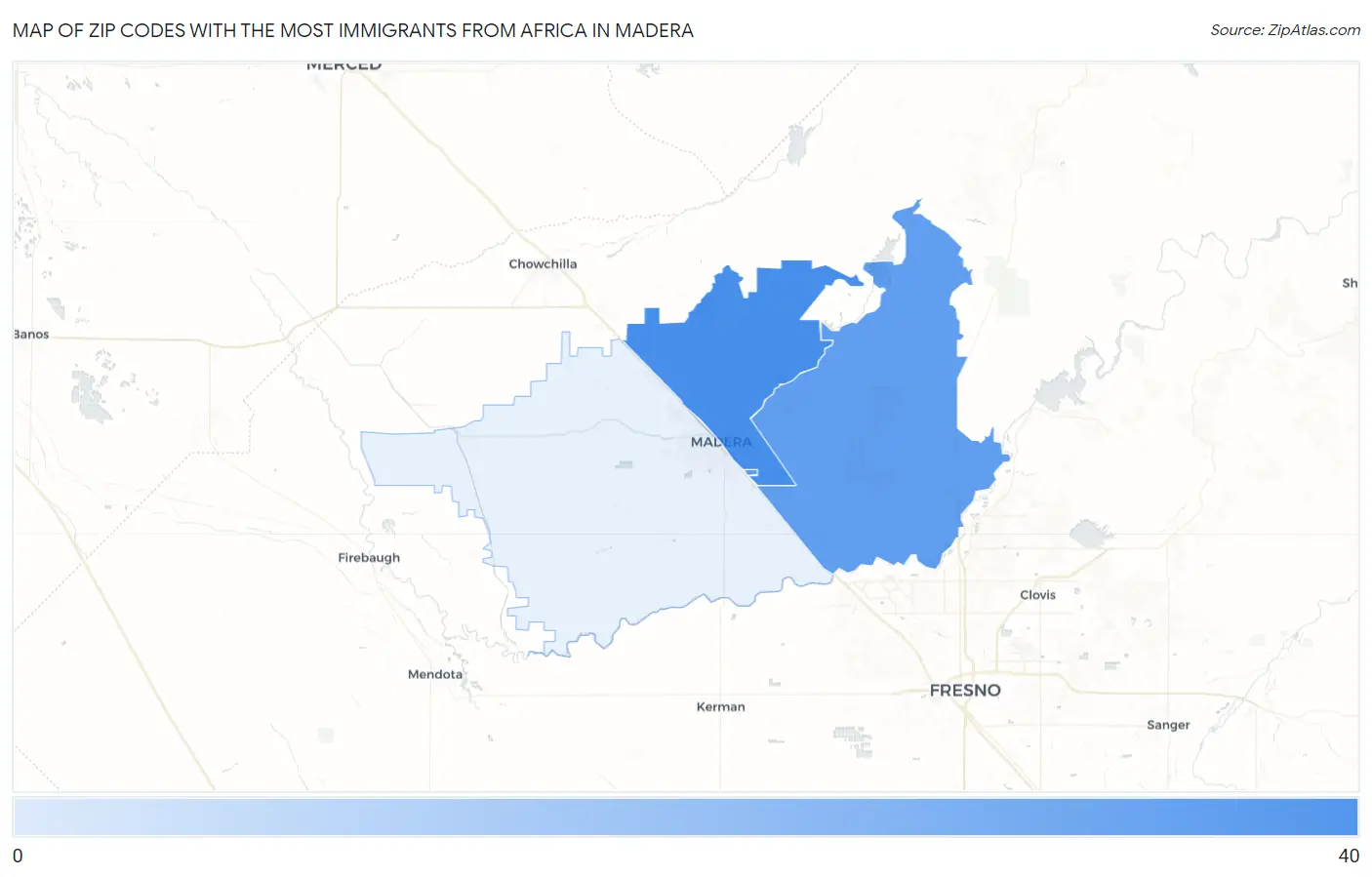 Zip Codes with the Most Immigrants from Africa in Madera Map
