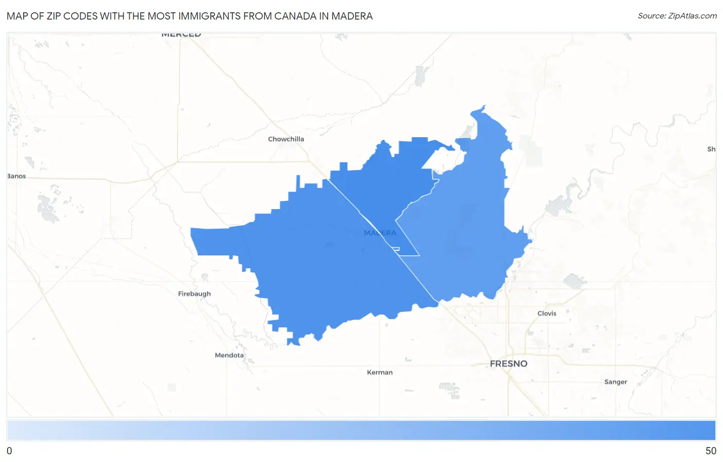 Zip Codes with the Most Immigrants from Canada in Madera Map