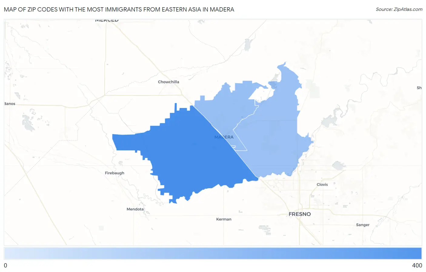 Zip Codes with the Most Immigrants from Eastern Asia in Madera Map