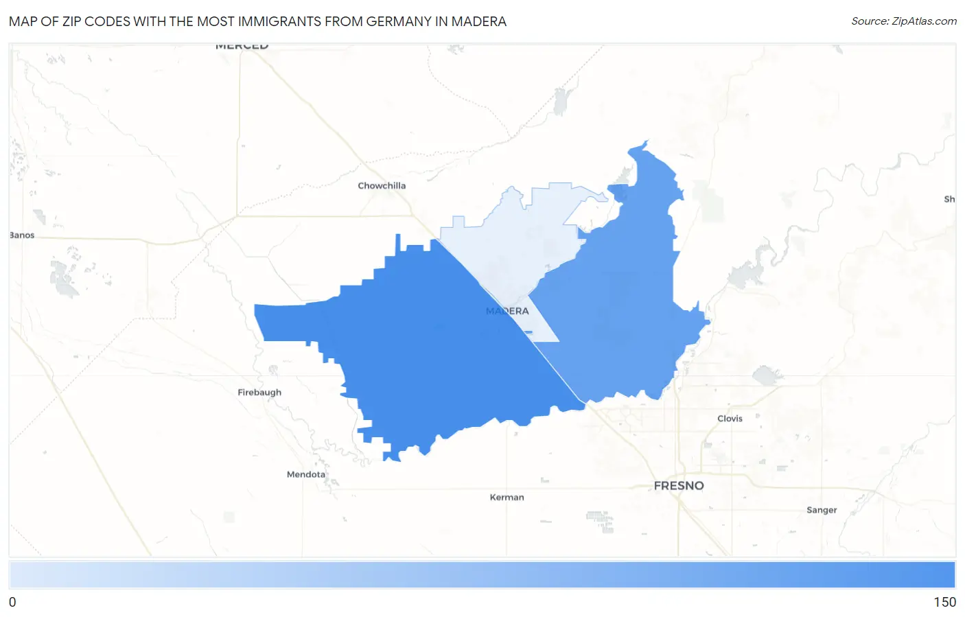 Zip Codes with the Most Immigrants from Germany in Madera Map