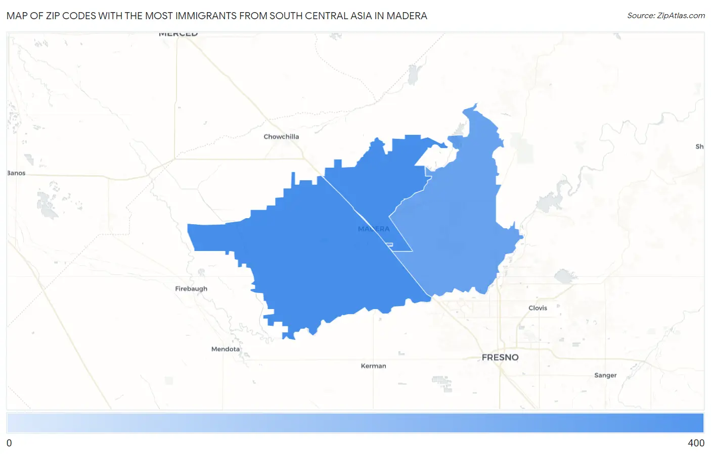 Zip Codes with the Most Immigrants from South Central Asia in Madera Map