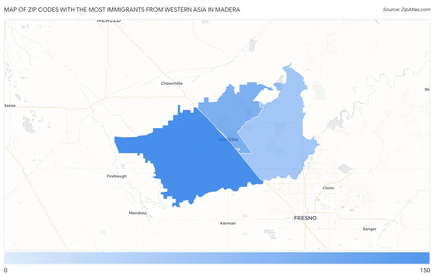 Zip Codes with the Most Immigrants from Western Asia in Madera Map