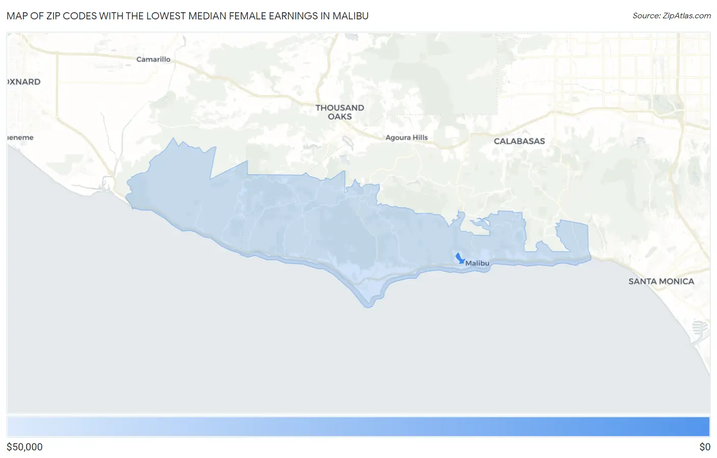 Zip Codes with the Lowest Median Female Earnings in Malibu Map