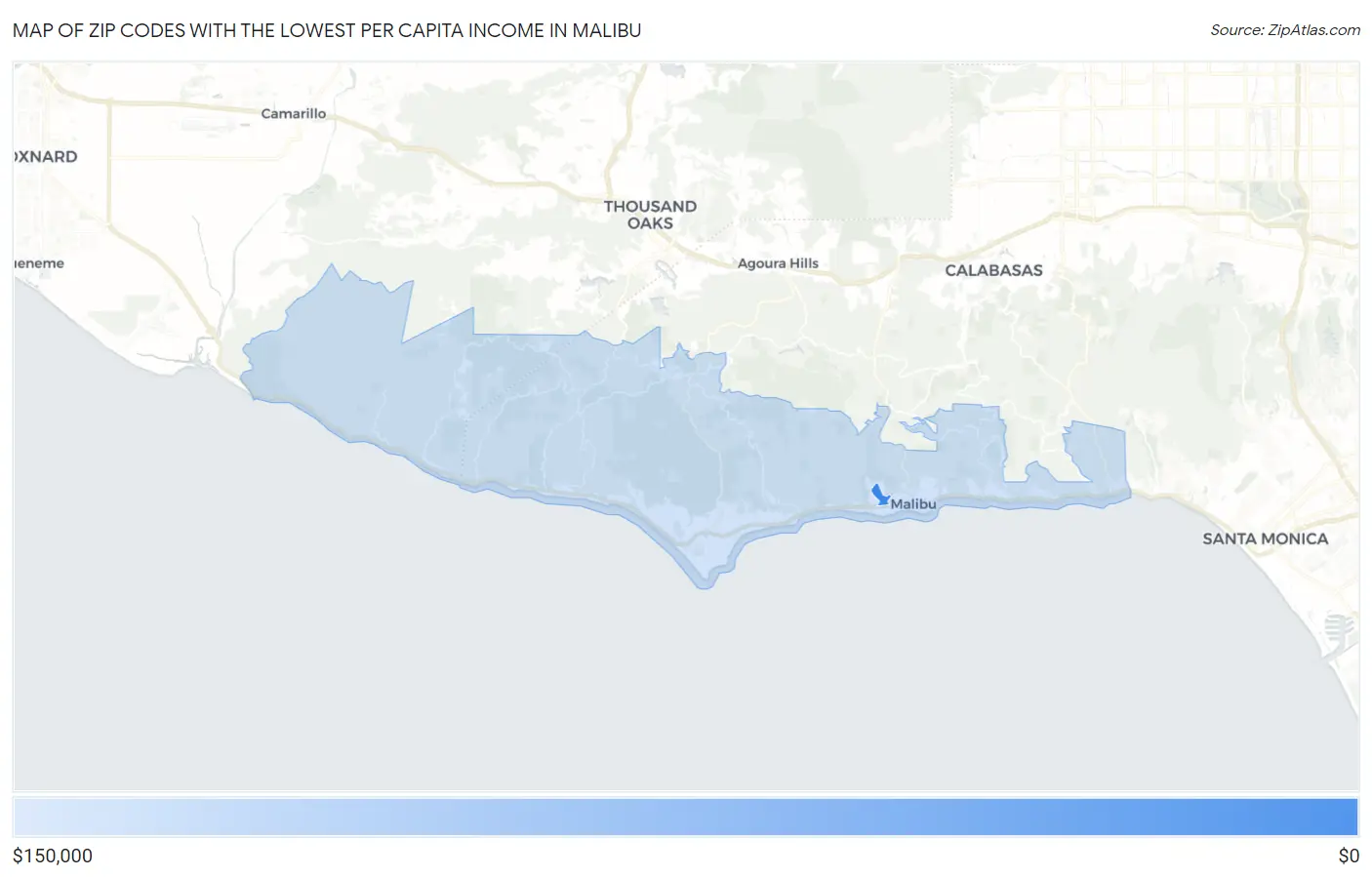 Zip Codes with the Lowest Per Capita Income in Malibu Map