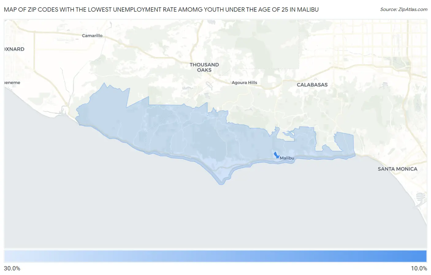 Zip Codes with the Lowest Unemployment Rate Amomg Youth Under the Age of 25 in Malibu Map