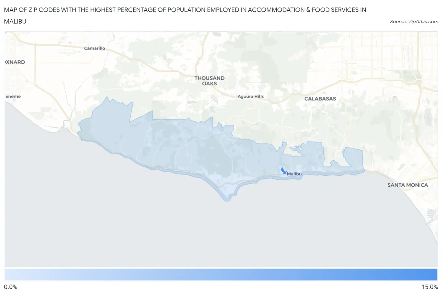 Zip Codes with the Highest Percentage of Population Employed in Accommodation & Food Services in Malibu Map
