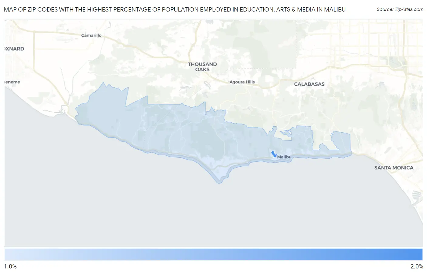 Zip Codes with the Highest Percentage of Population Employed in Education, Arts & Media in Malibu Map