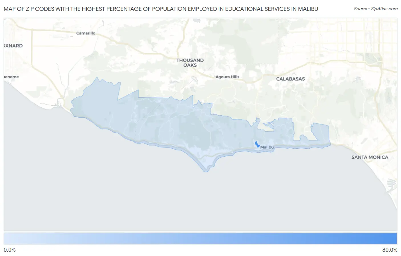 Zip Codes with the Highest Percentage of Population Employed in Educational Services in Malibu Map
