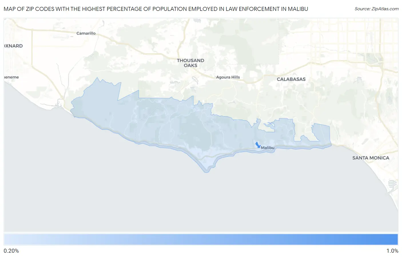 Zip Codes with the Highest Percentage of Population Employed in Law Enforcement in Malibu Map