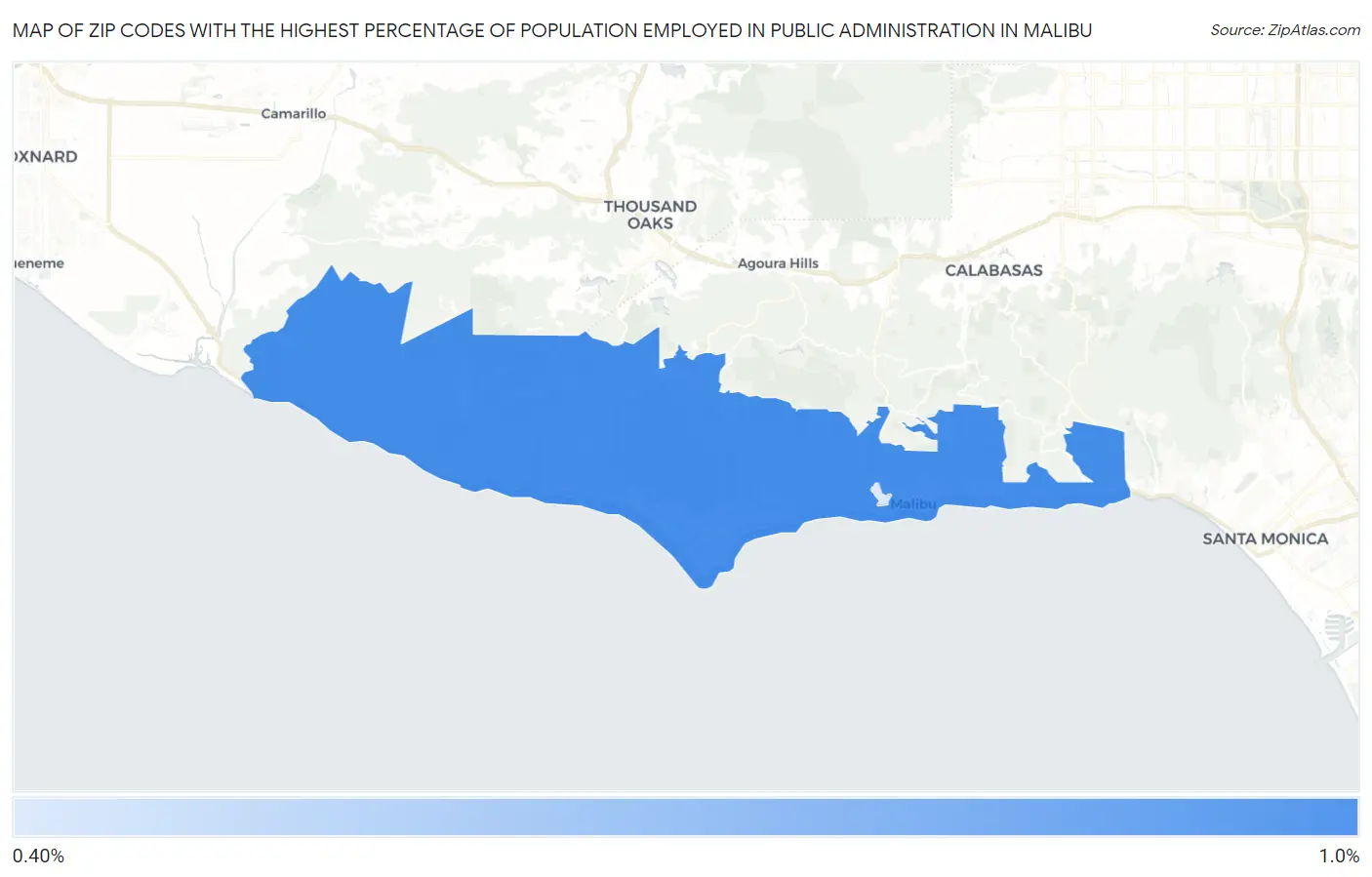 Zip Codes with the Highest Percentage of Population Employed in Public Administration in Malibu Map