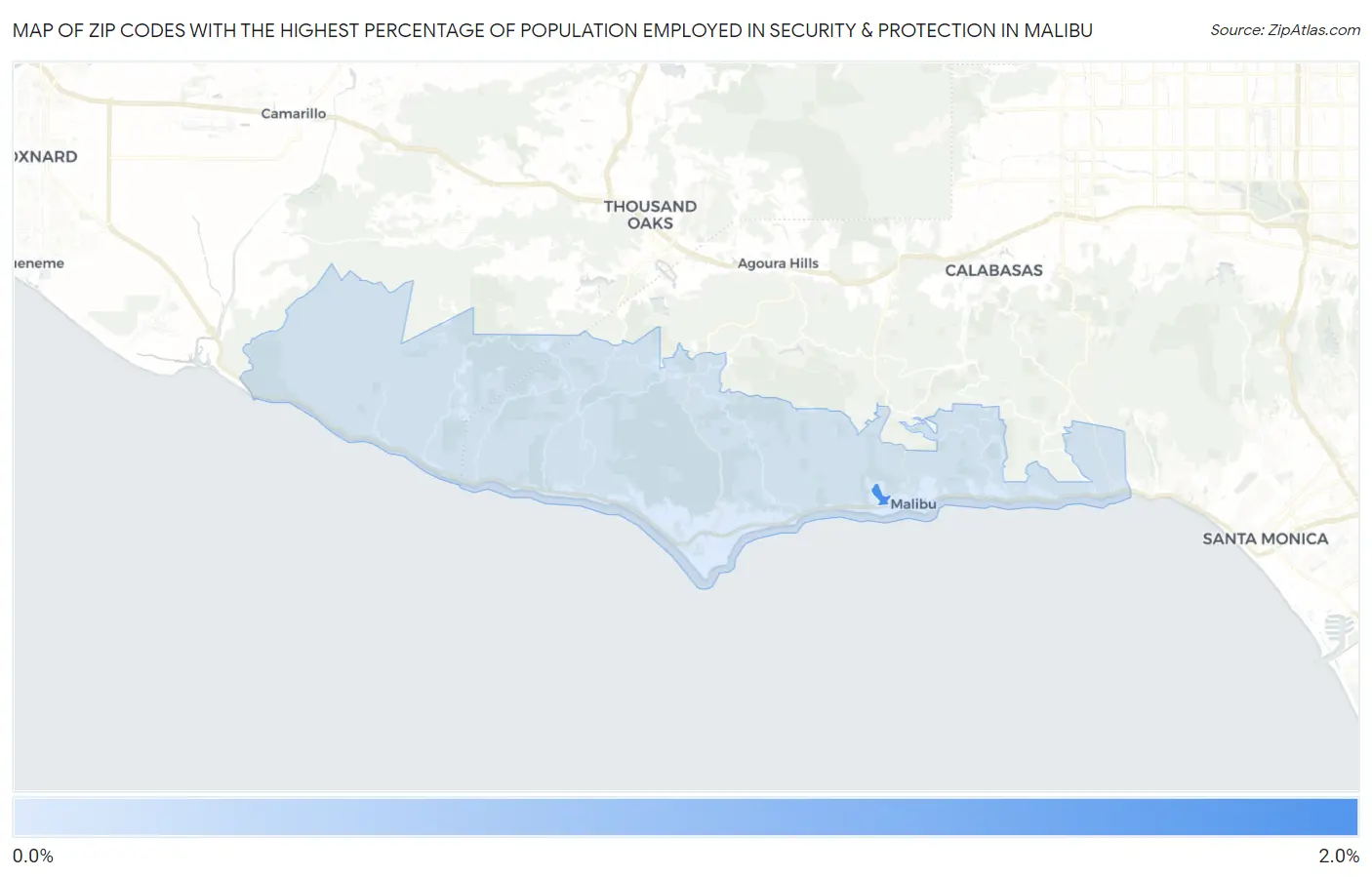 Zip Codes with the Highest Percentage of Population Employed in Security & Protection in Malibu Map