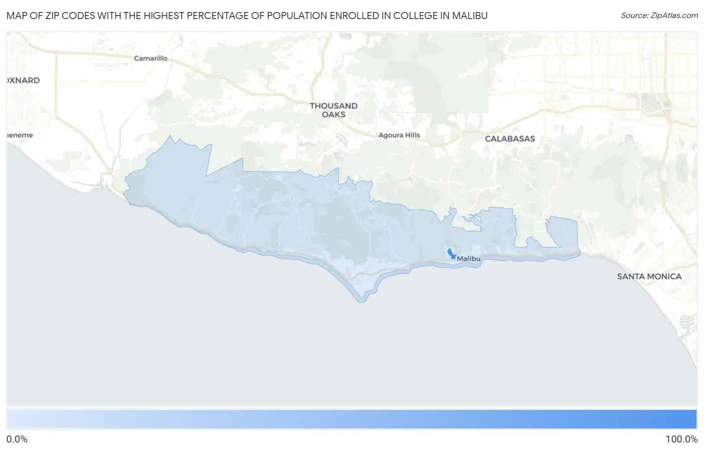 Zip Codes with the Highest Percentage of Population Enrolled in College in Malibu Map