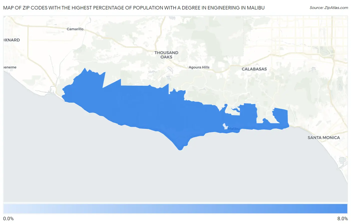 Zip Codes with the Highest Percentage of Population with a Degree in Engineering in Malibu Map