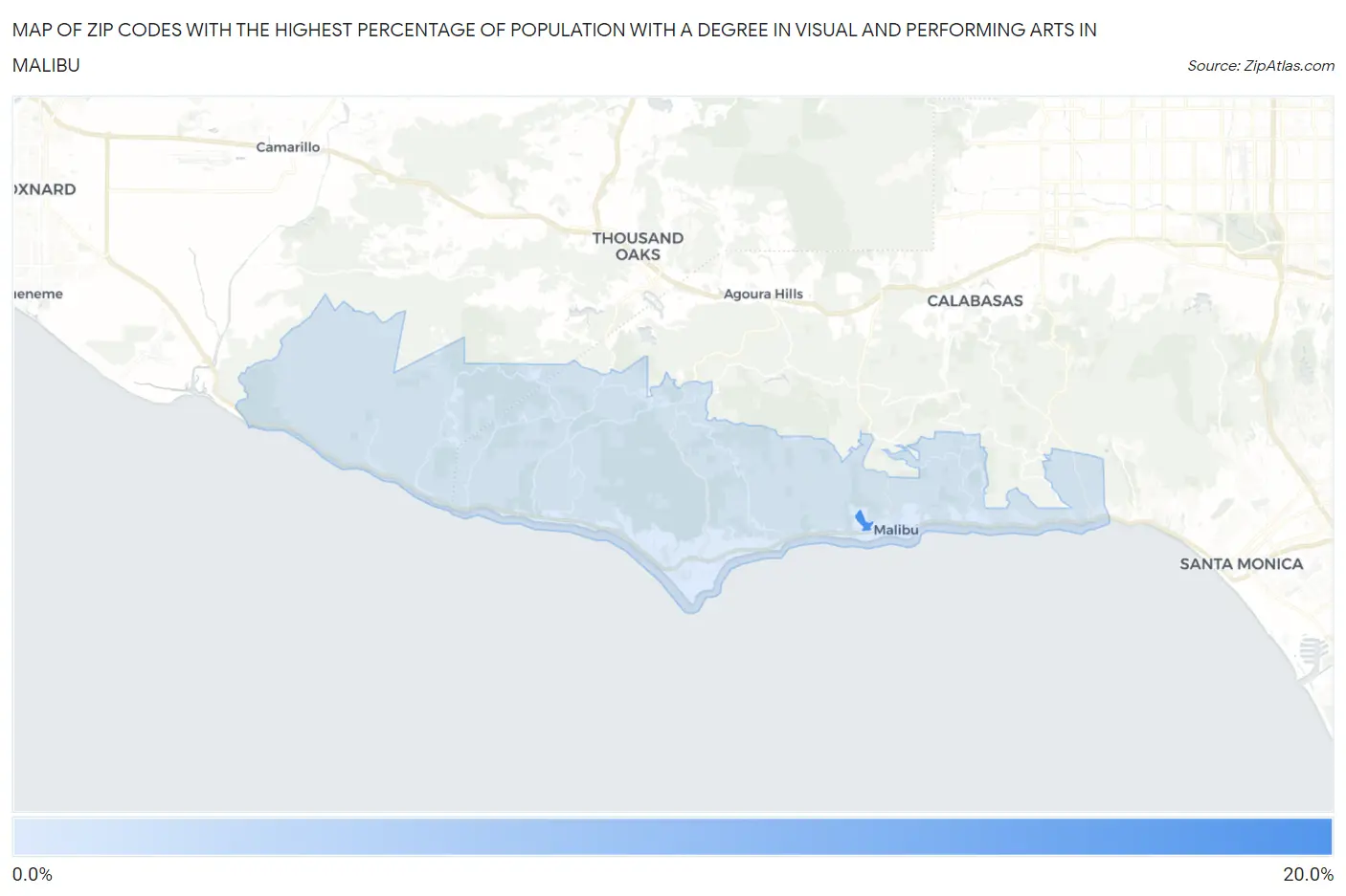 Zip Codes with the Highest Percentage of Population with a Degree in Visual and Performing Arts in Malibu Map