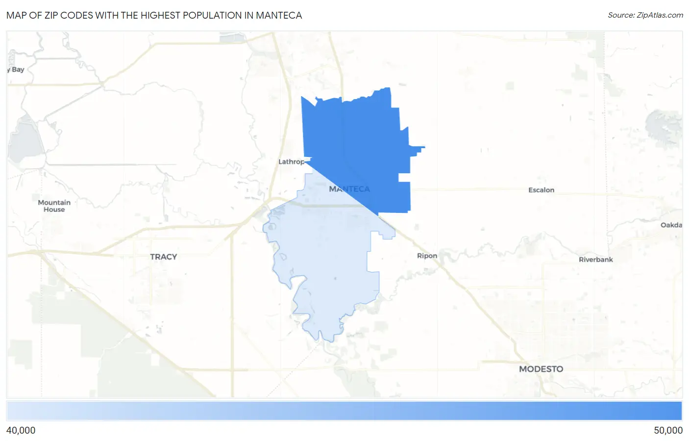 Zip Codes with the Highest Population in Manteca Map