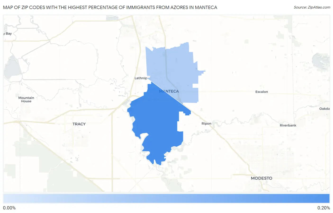 Zip Codes with the Highest Percentage of Immigrants from Azores in Manteca Map