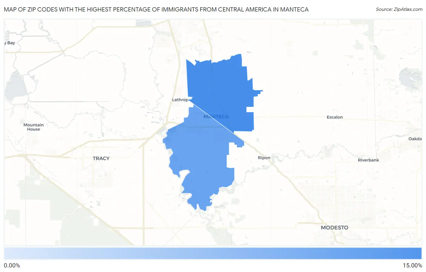 Zip Codes with the Highest Percentage of Immigrants from Central America in Manteca Map