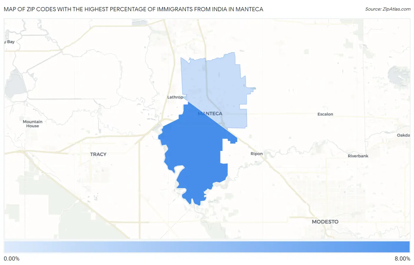 Zip Codes with the Highest Percentage of Immigrants from India in Manteca Map