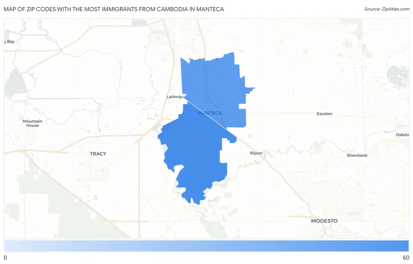 Zip Codes with the Most Immigrants from Cambodia in Manteca Map