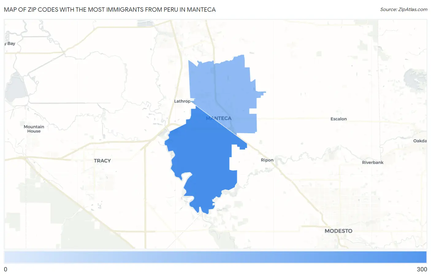 Zip Codes with the Most Immigrants from Peru in Manteca Map