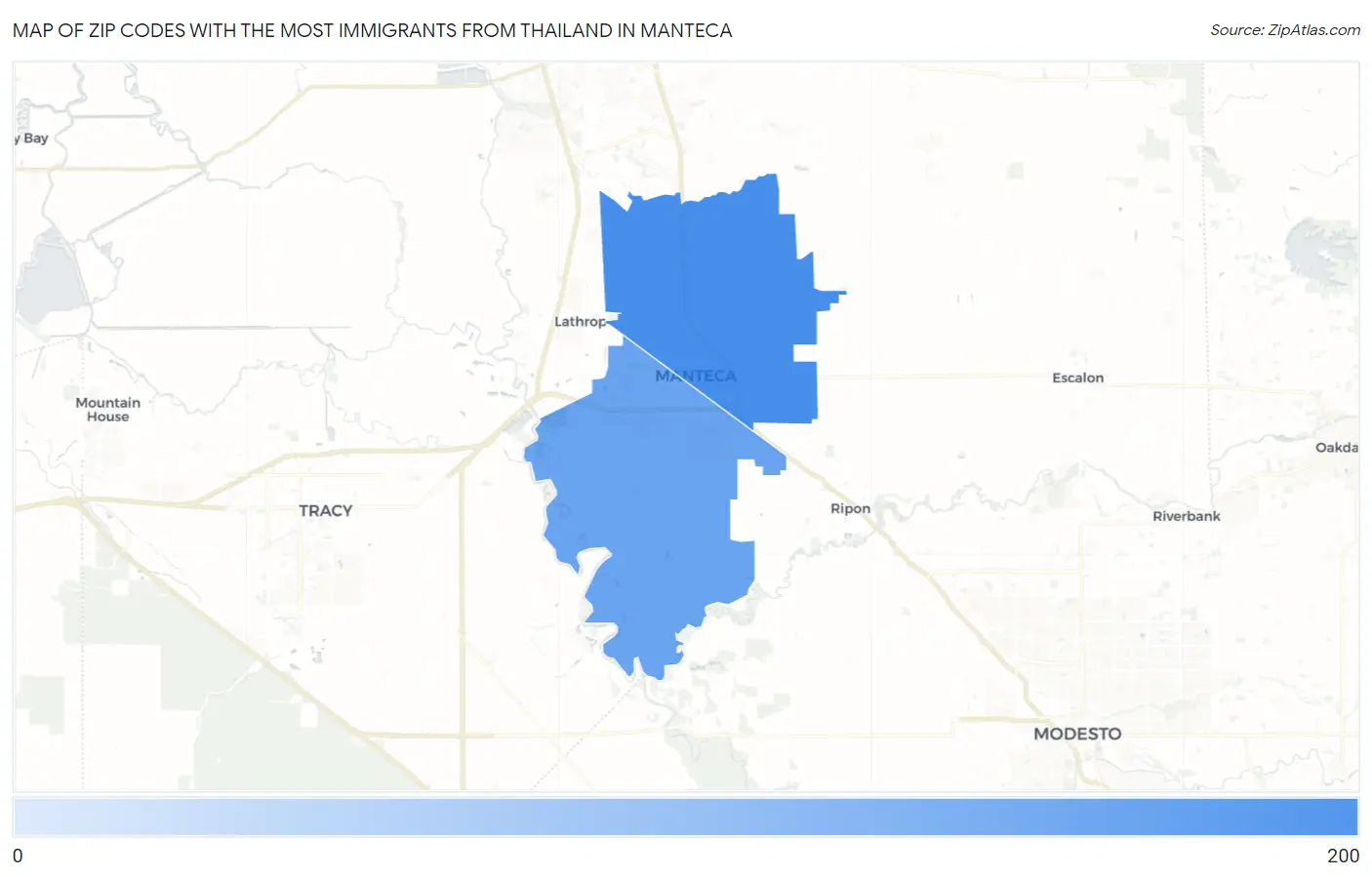 Zip Codes with the Most Immigrants from Thailand in Manteca Map