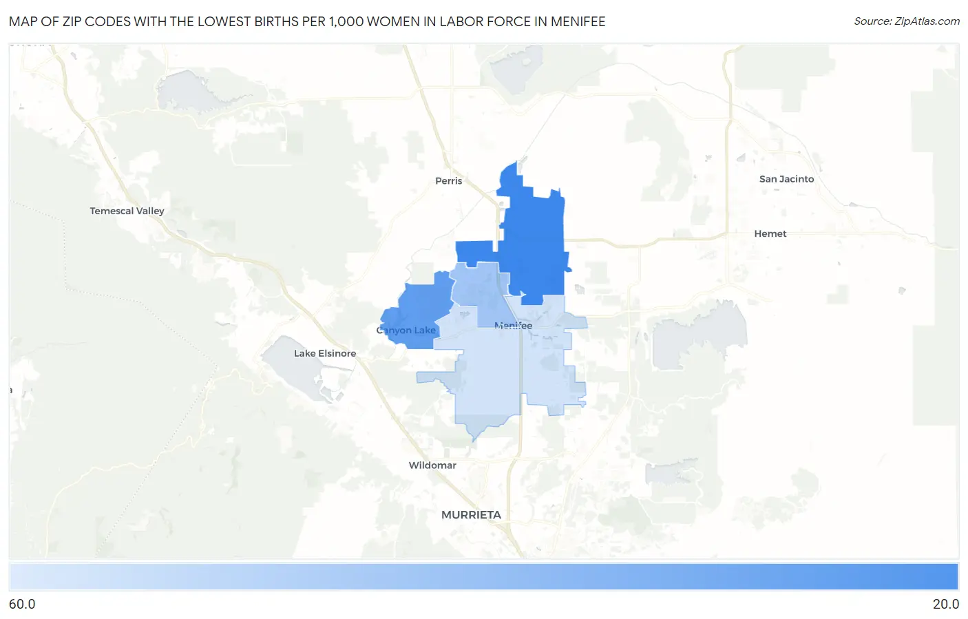 Zip Codes with the Lowest Births per 1,000 Women in Labor Force in Menifee Map