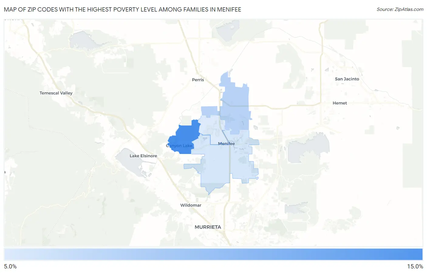 Zip Codes with the Highest Poverty Level Among Families in Menifee Map