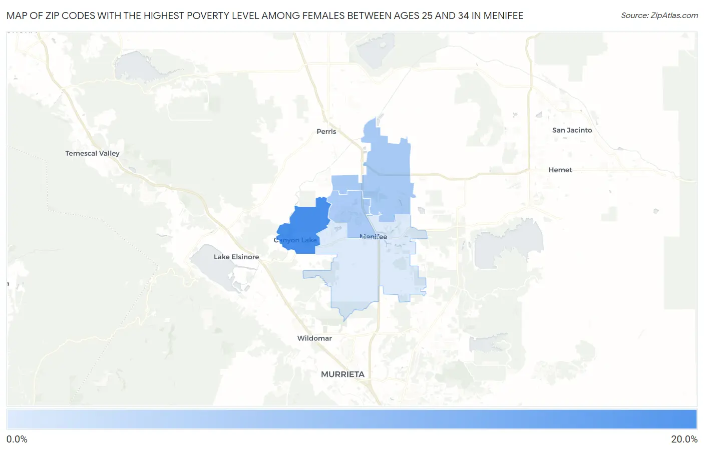 Zip Codes with the Highest Poverty Level Among Females Between Ages 25 and 34 in Menifee Map