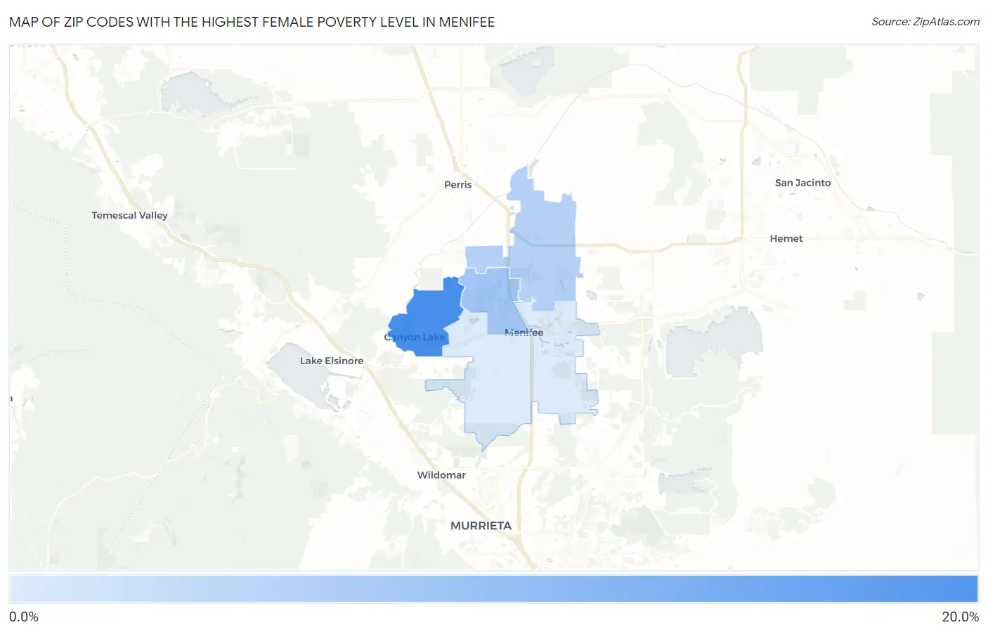 Zip Codes with the Highest Female Poverty Level in Menifee Map