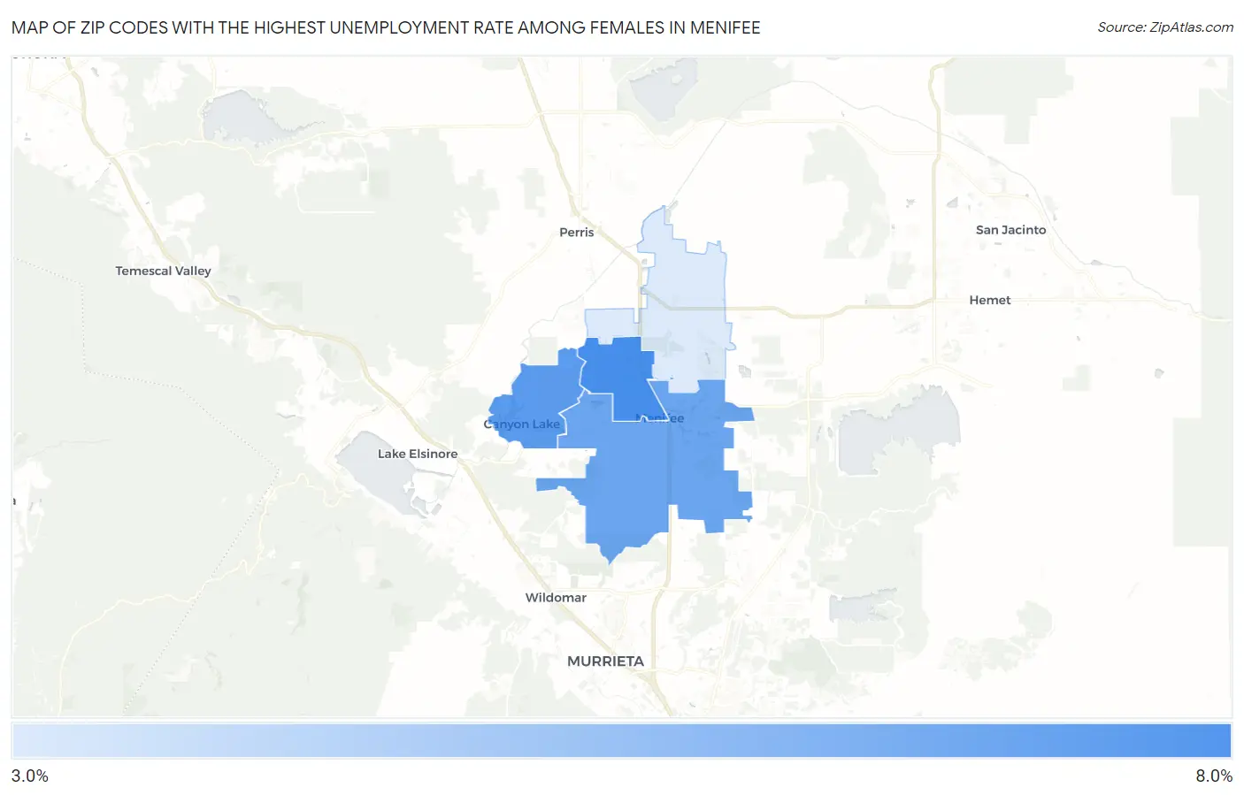 Zip Codes with the Highest Unemployment Rate Among Females in Menifee Map