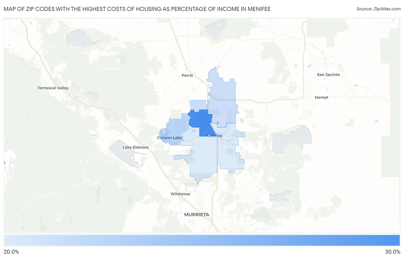 Zip Codes with the Highest Costs of Housing as Percentage of Income in Menifee Map