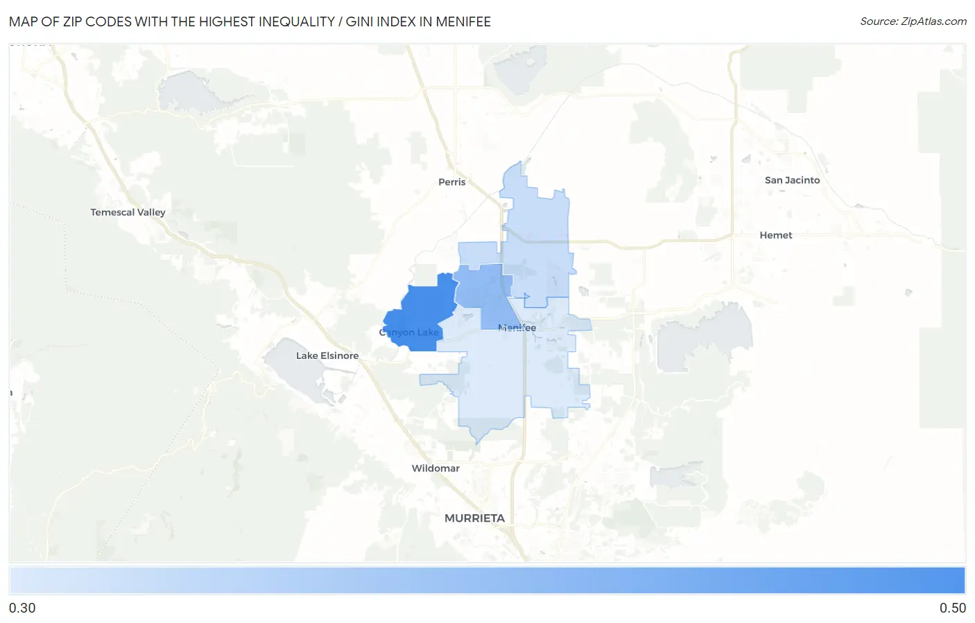 Zip Codes with the Highest Inequality / Gini Index in Menifee Map