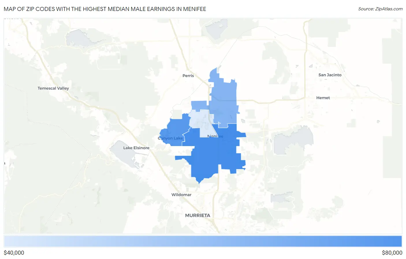Zip Codes with the Highest Median Male Earnings in Menifee Map
