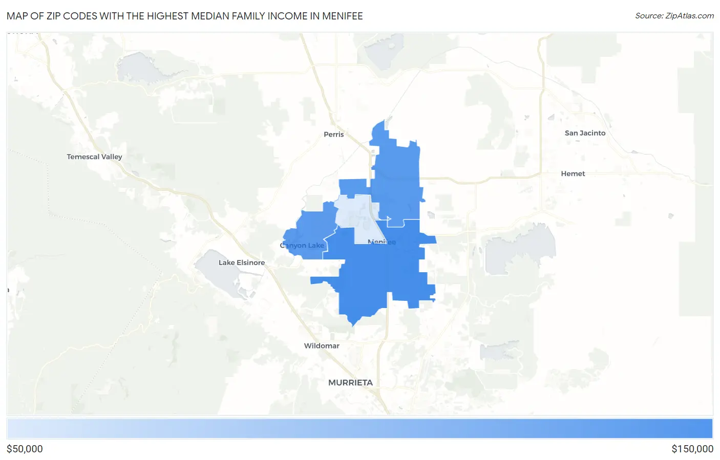 Zip Codes with the Highest Median Family Income in Menifee Map