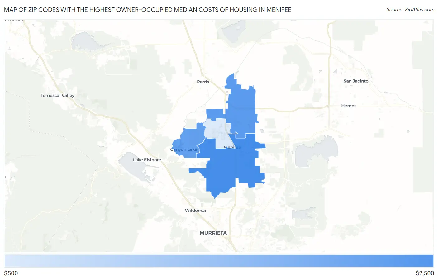 Zip Codes with the Highest Owner-Occupied Median Costs of Housing in Menifee Map